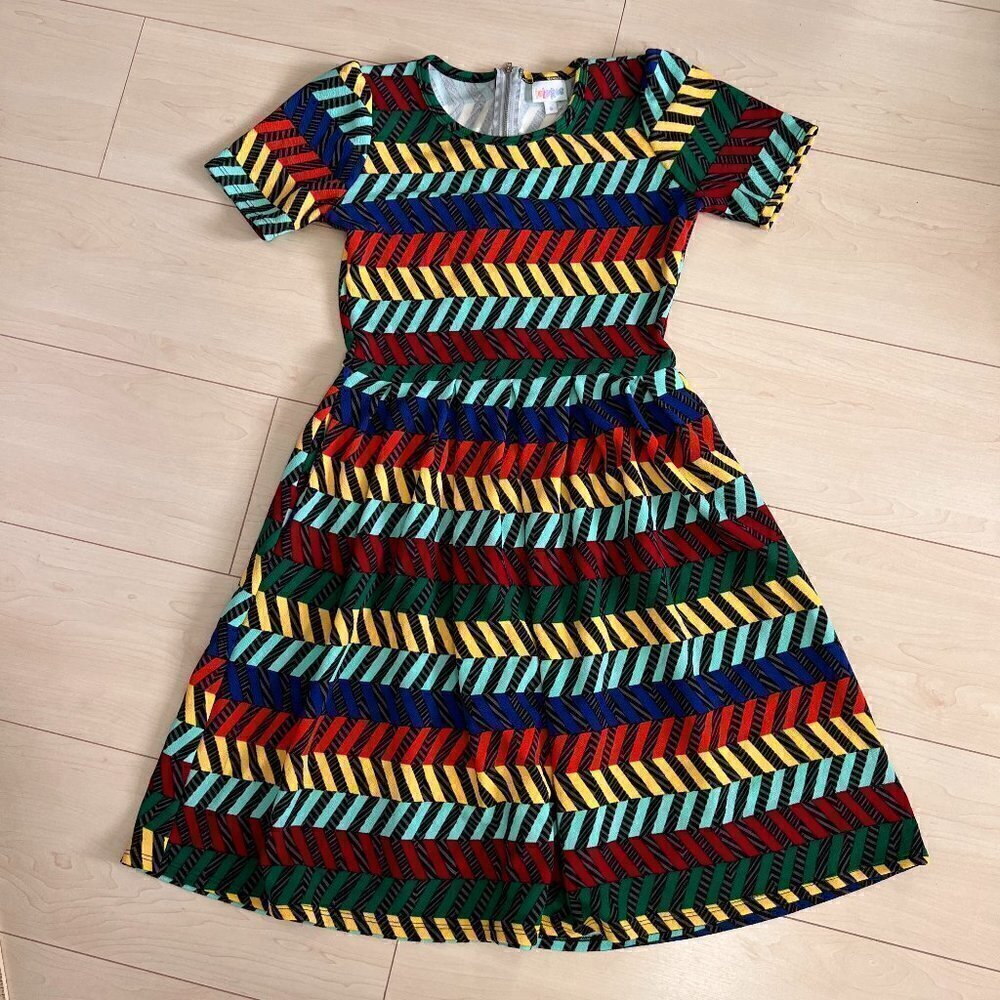 LuLaRoe Amelia Dress Fit & Flare Midi Dress Multicolour Chevron Sz S